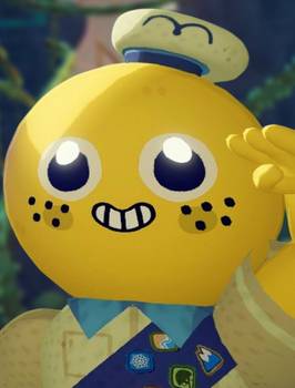 A smiley yellow man salutes in Peak